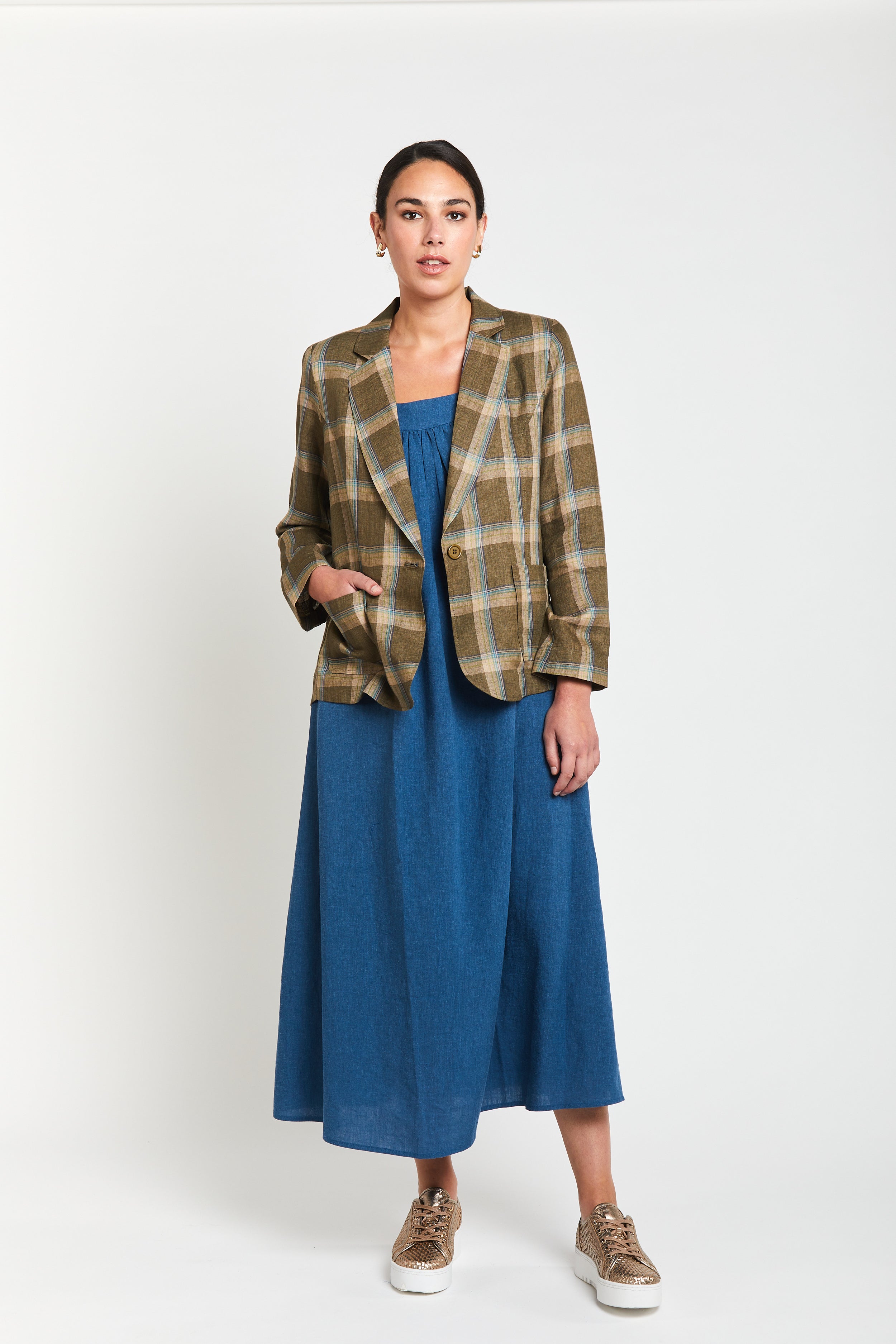 Dublin Linen Blazer - Olive Check