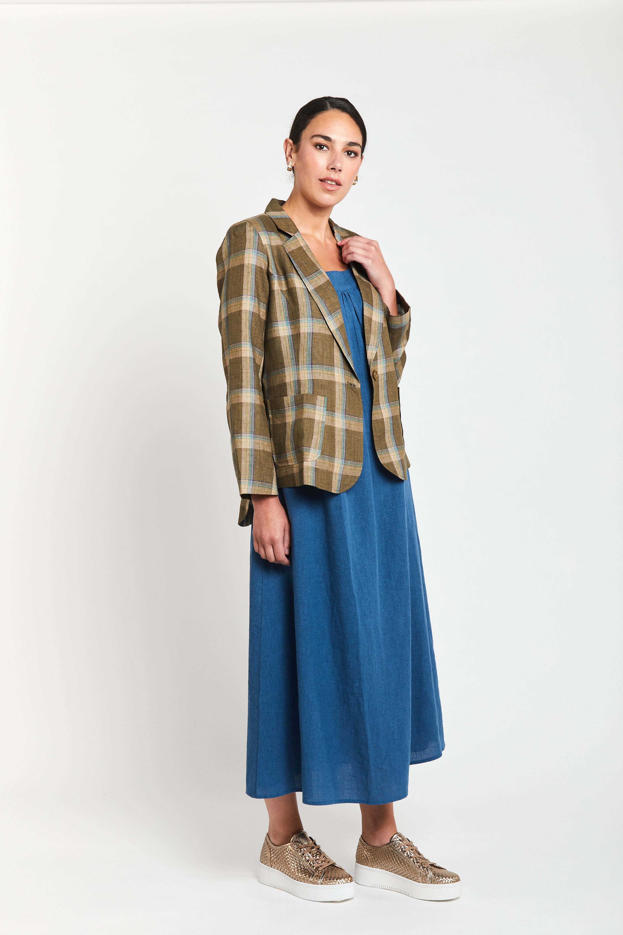 Dublin Linen Blazer - Olive Check