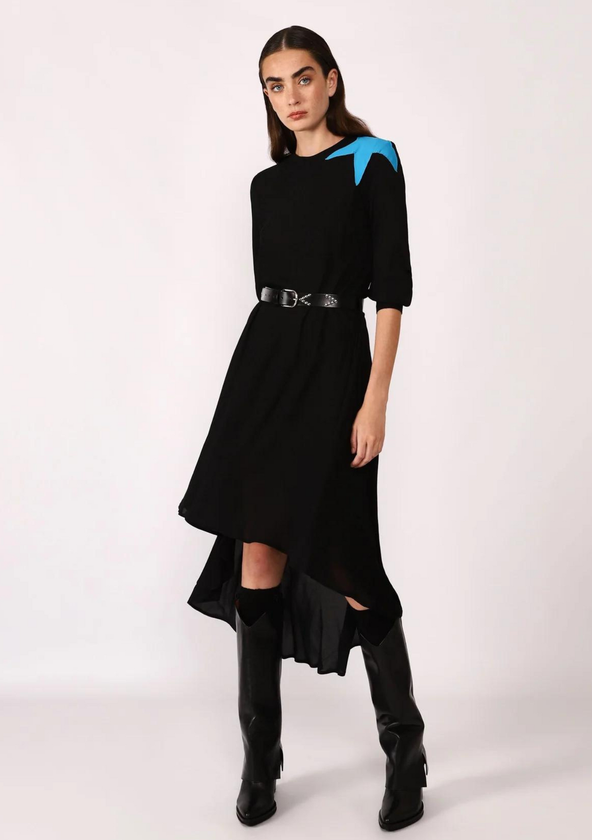 Dixie CLEARANCE Belted Midi Dress with Asymmetrical Hem - Nero / Cyan