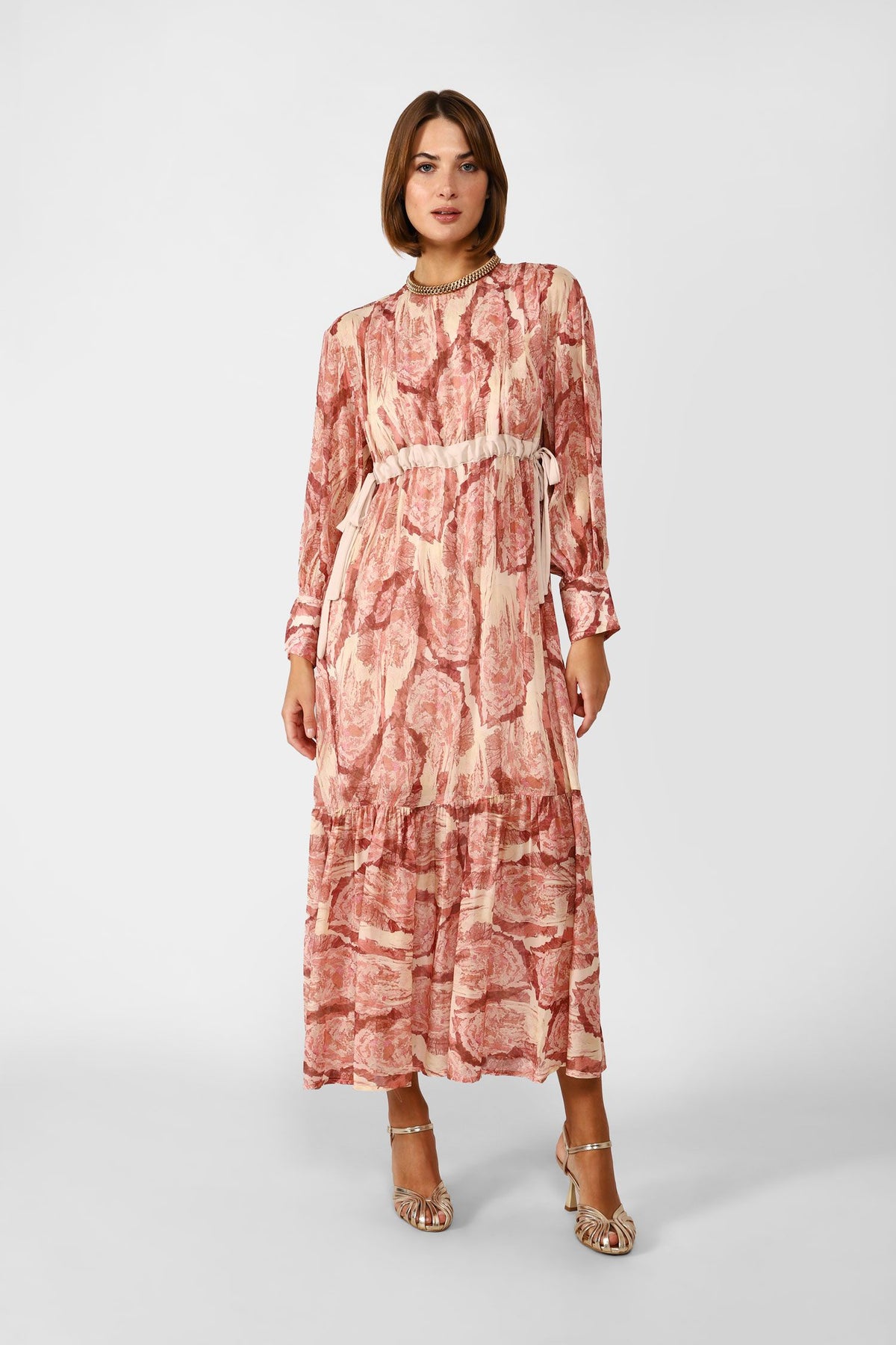 Dixie CLEARANCE Long Abstract Print Dress with Darts and Sash Belt - Rosa
