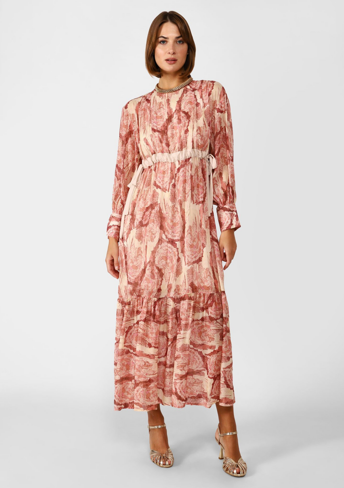 Dixie CLEARANCE Long Abstract Print Dress with Darts and Sash Belt - Rosa