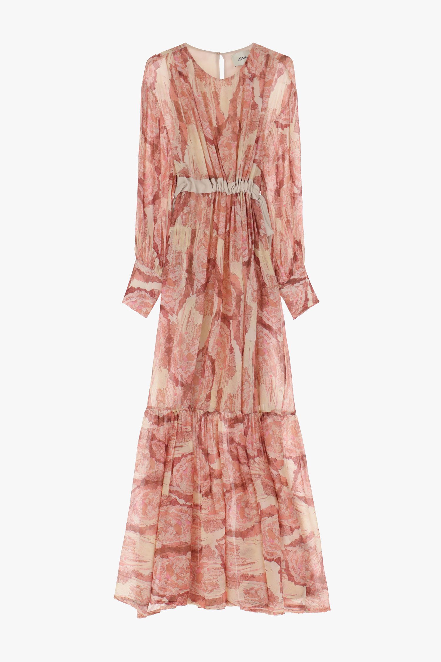 CLEARANCE Long Abstract Print Dress with Darts and Sash Belt - Rosa