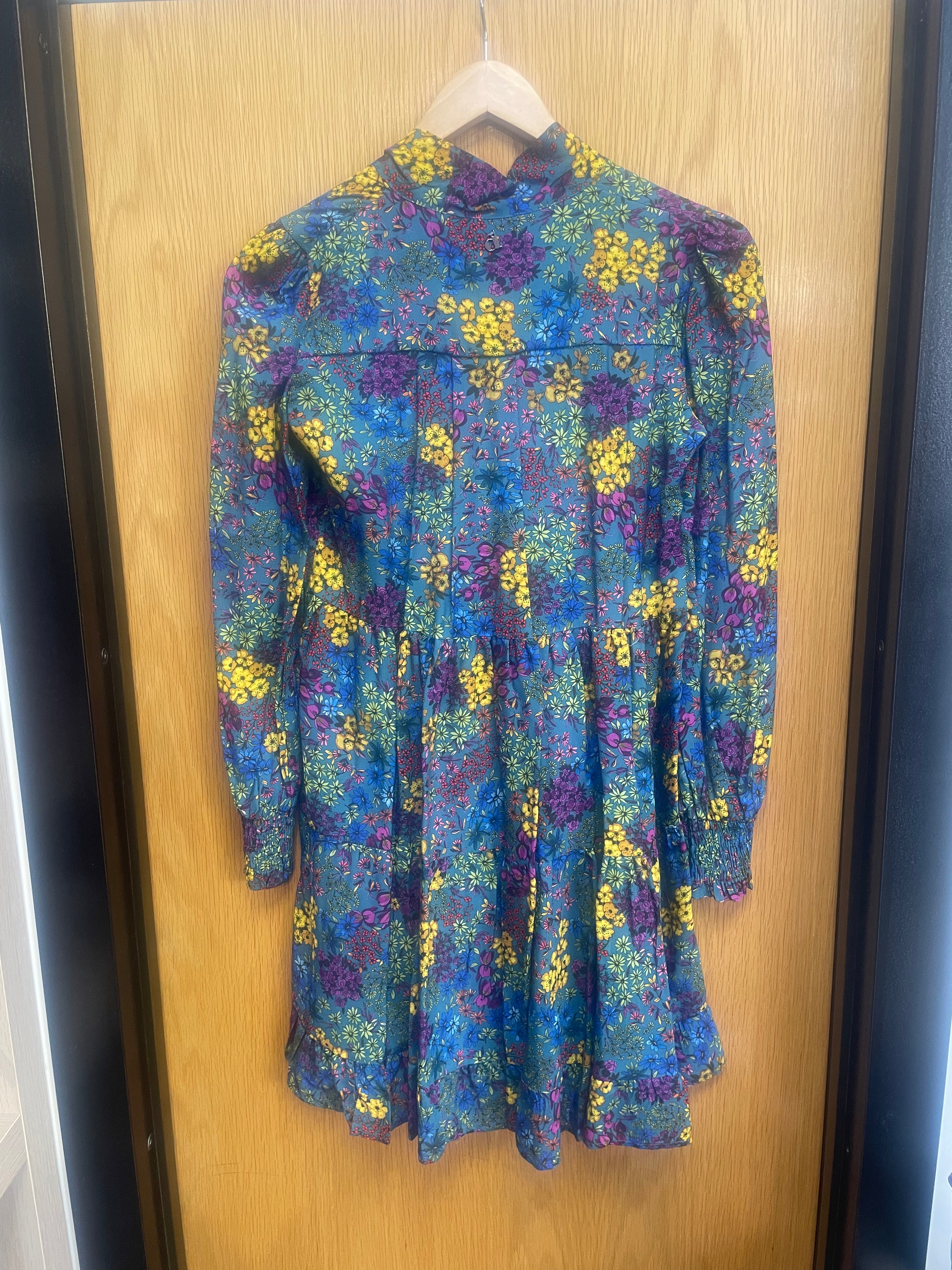 Dixie CLEARANCE Longsleeve Short Dress with Bow and Floral Print - Blue Multi