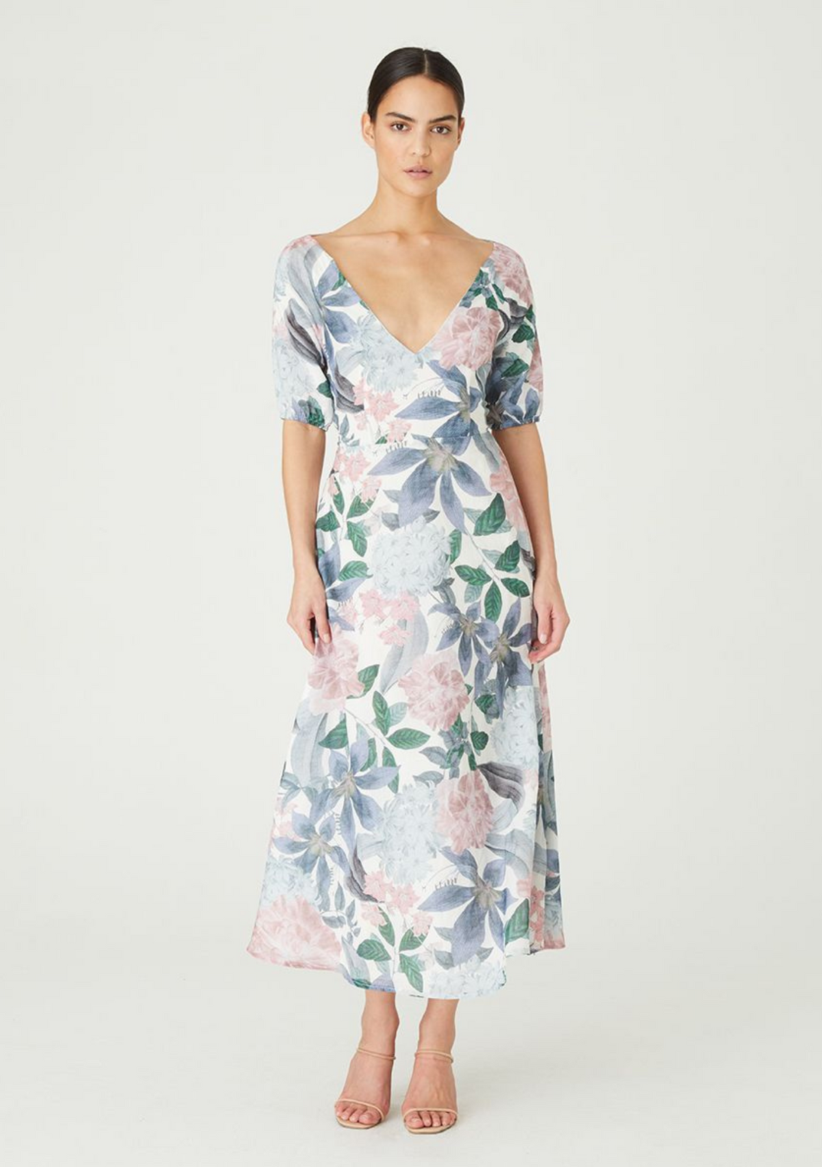 We Are Kindred CLEARANCE Jude Puff Sleeve Midi Dress with Tie Back - Ivory Botanical