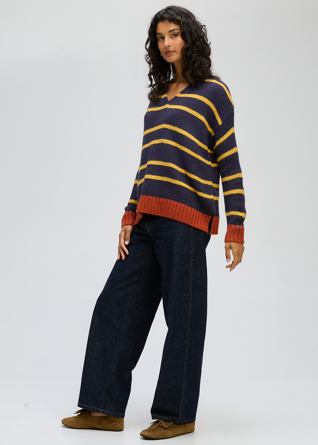 Cozy Stripe V Jumper - Rust