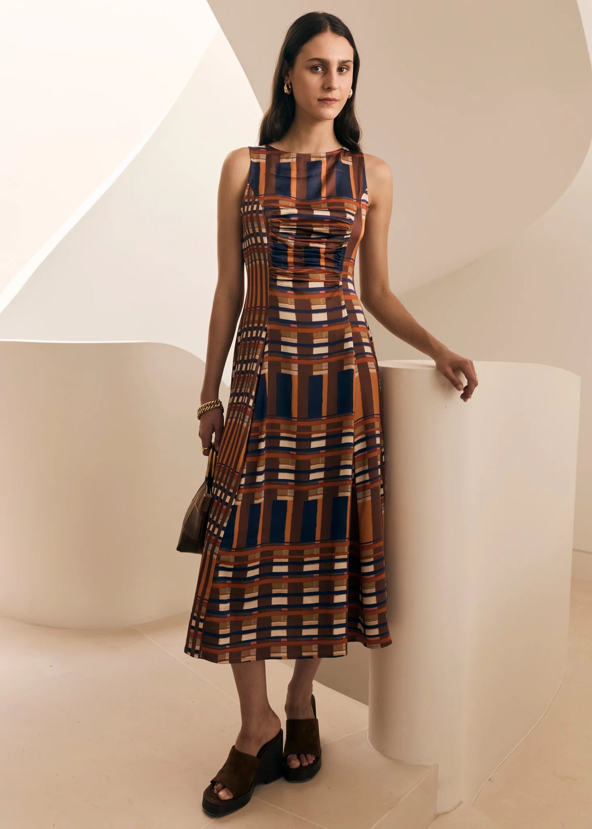 Pol Lattice Gathered Dress - Amber Check