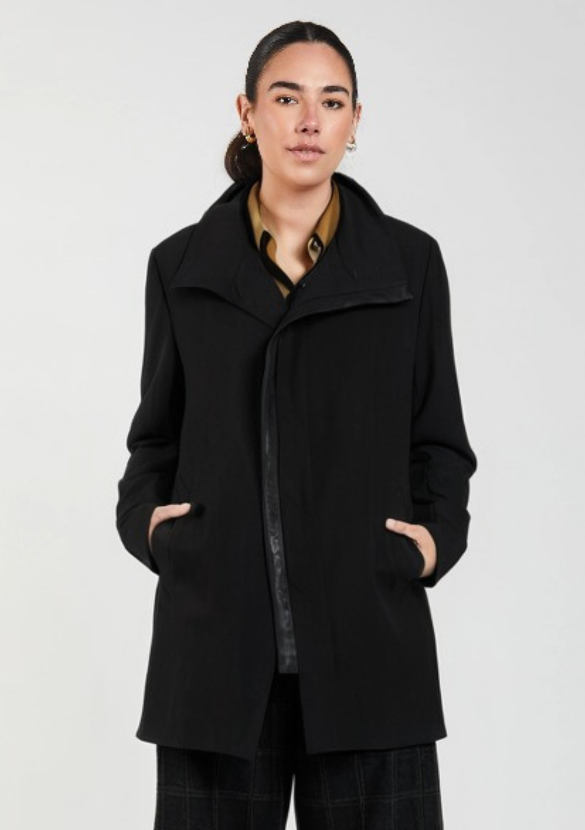 Obi Leather Panel Coat - Black