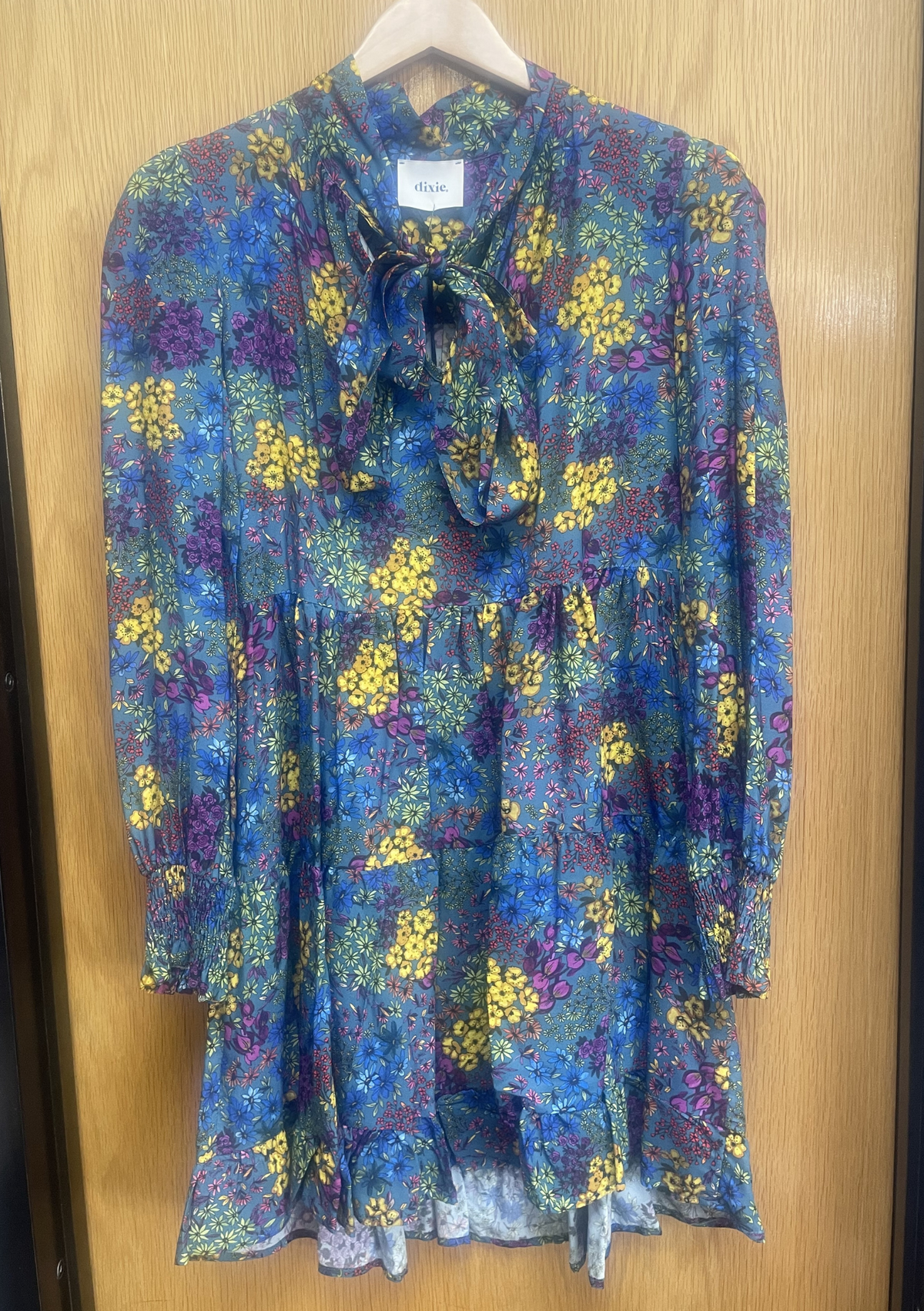 Dixie CLEARANCE Longsleeve Short Dress with Bow and Floral Print - Blue Multi