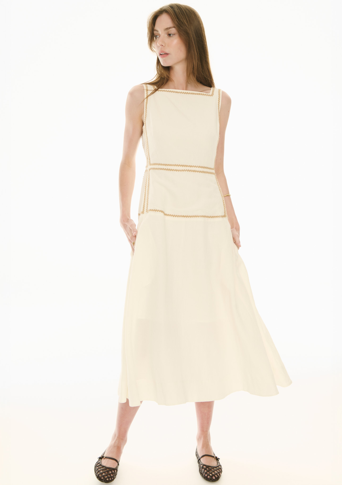 Pol Marlin Raffia Trim Dress - Ivory