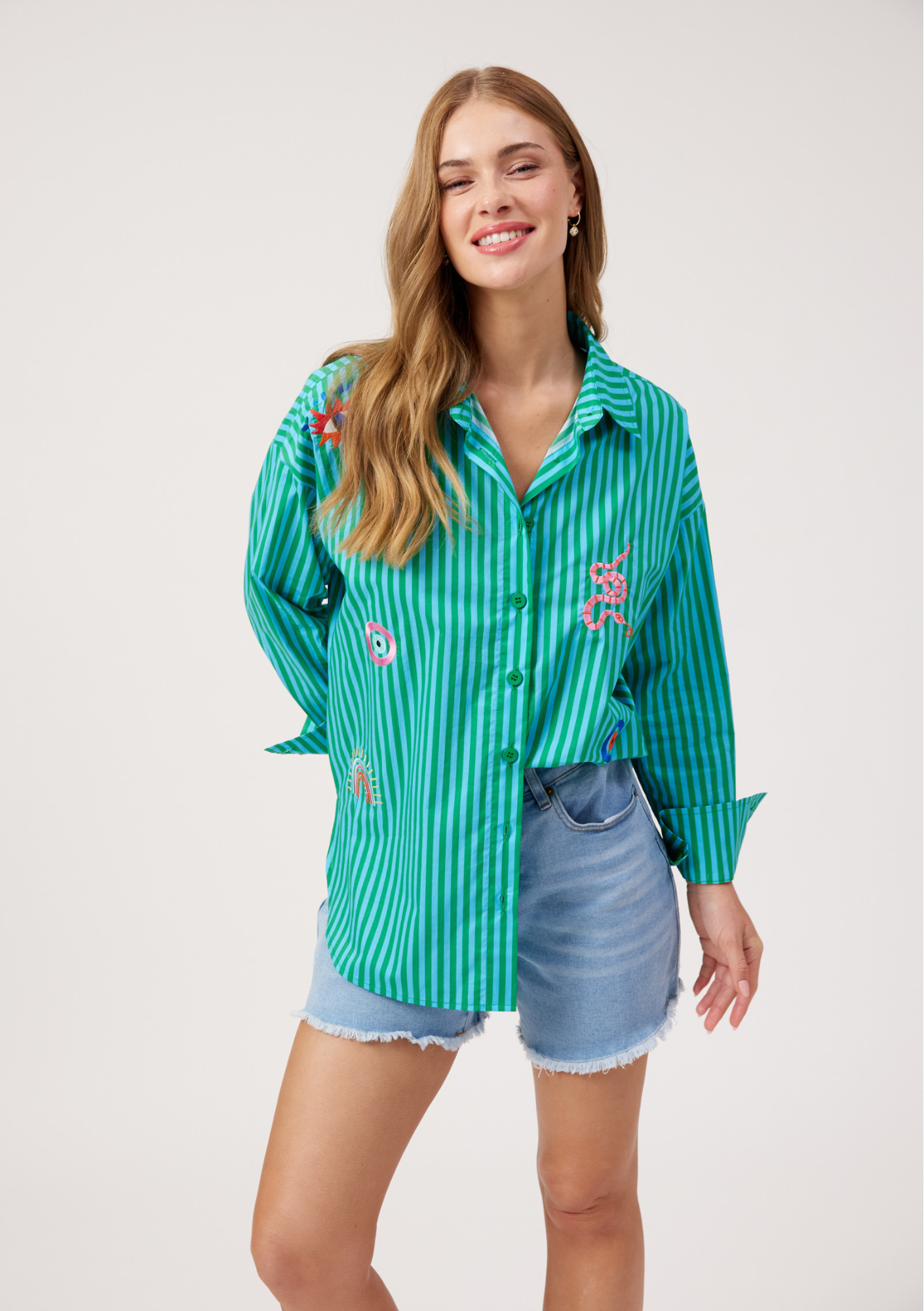 Mykonos Embroidered Stripe Shirt - Green