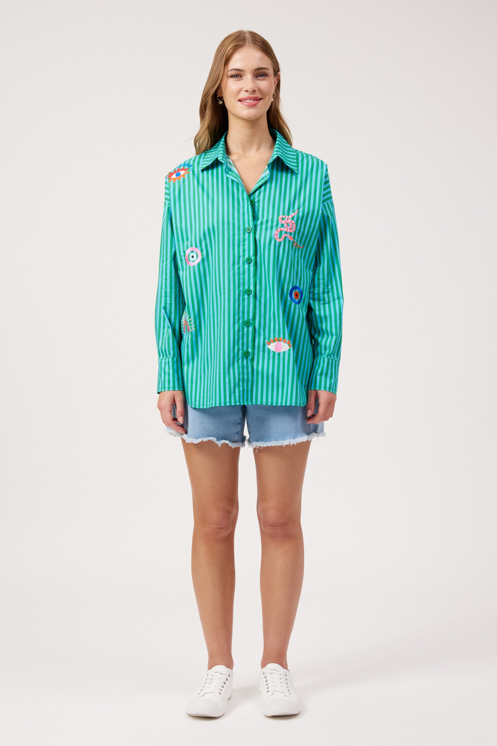 Mykonos Embroidered Stripe Shirt - Green