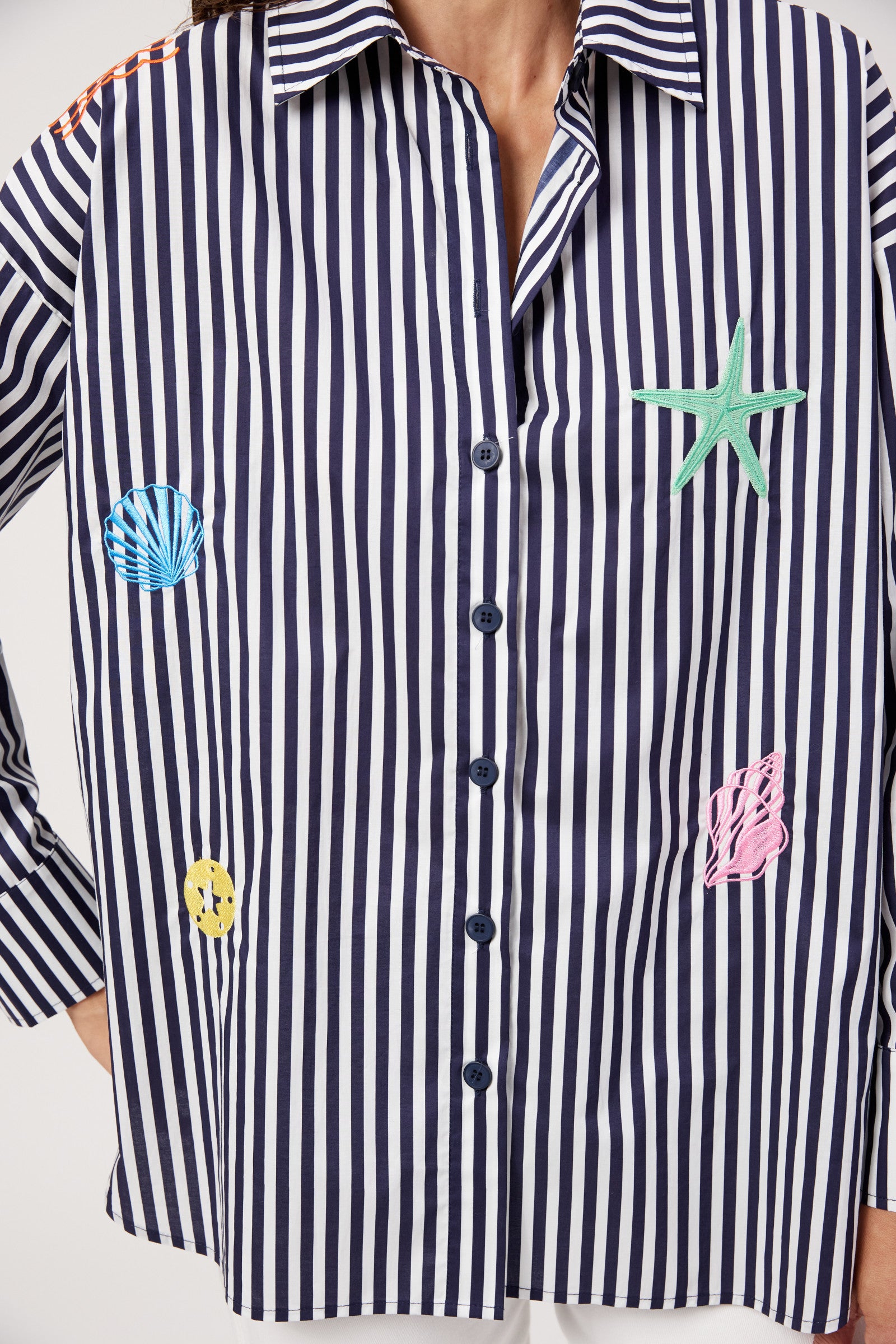 Mykonos Embroidered Stripe Shirt - Navy