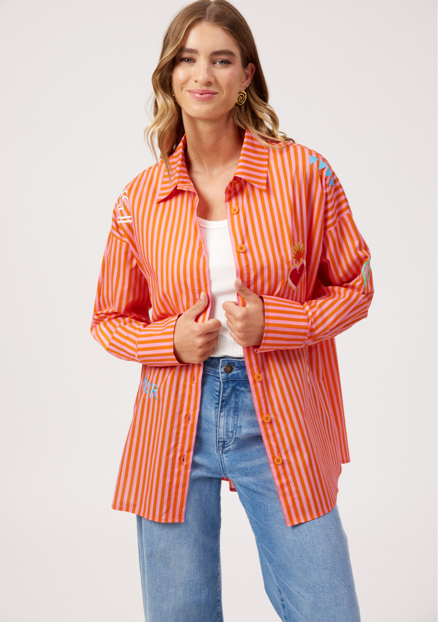 Mykonos Embroidered Stripe Shirt - Pink