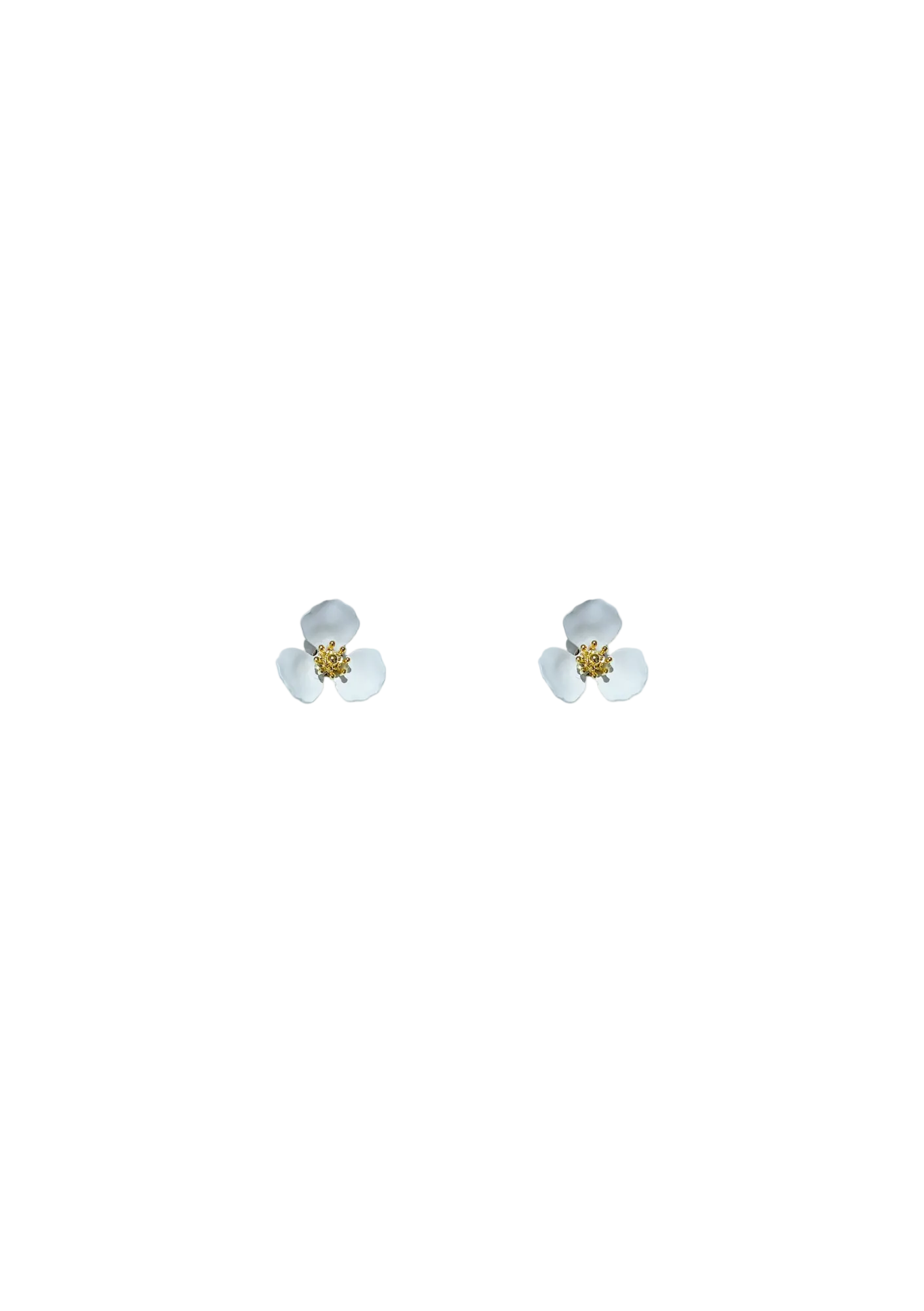 A pair of white flower petal earrings with a gold bee design in the center, isolated on a white background.