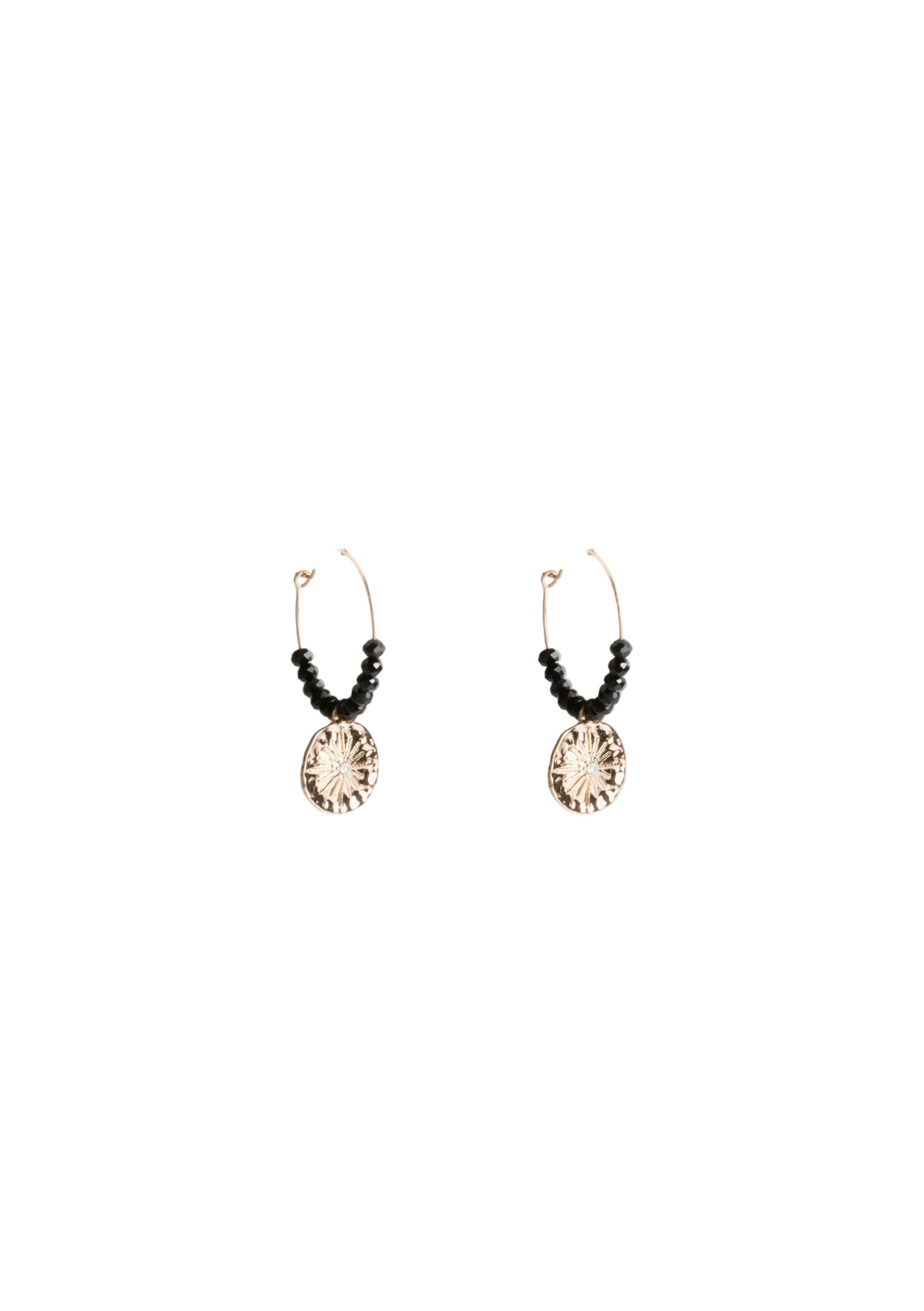 A pair of gold-colored hoop earrings with black beaded details and a gold sun disc charm at the bottom.