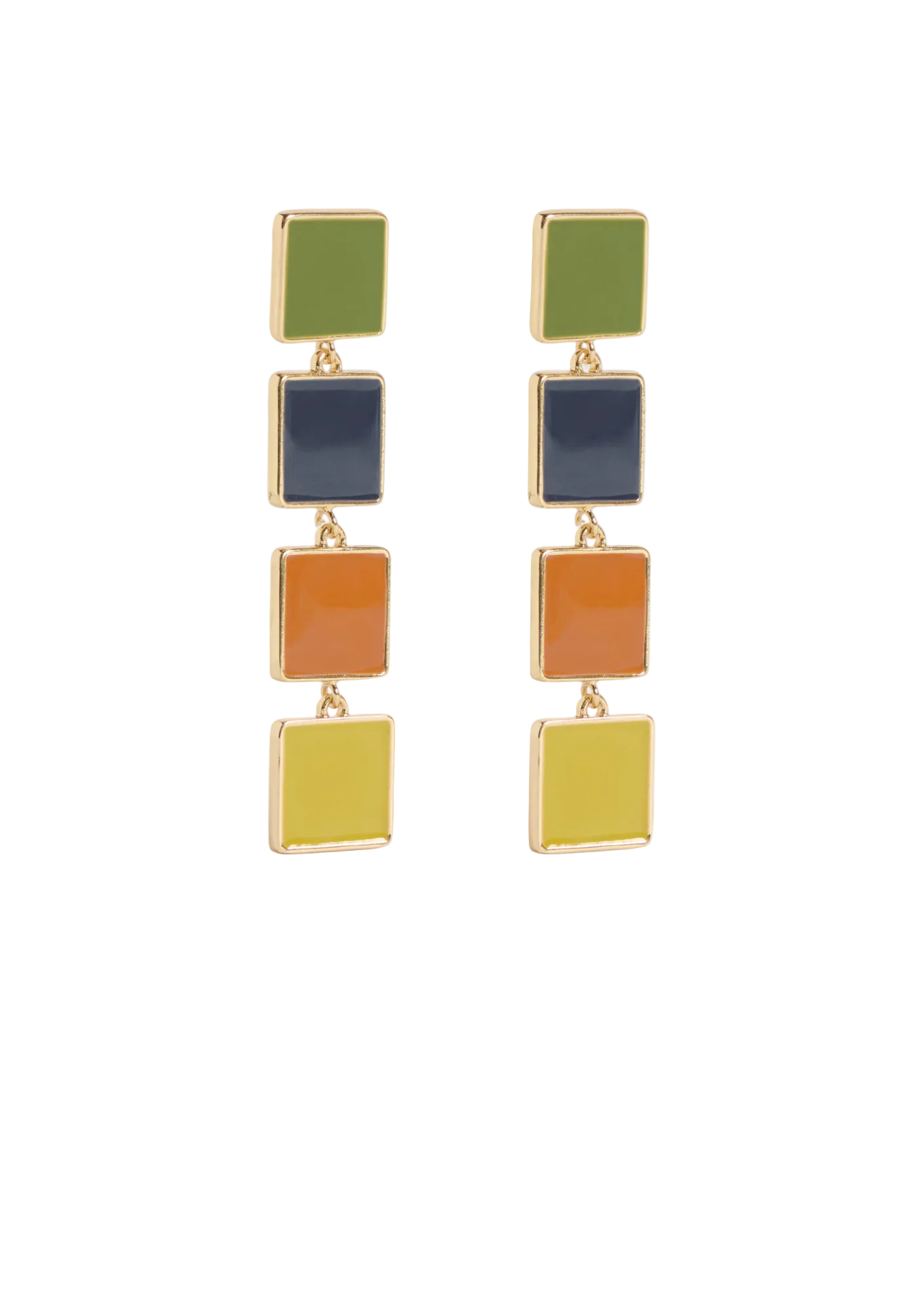 Multicolored square earrings on a white background