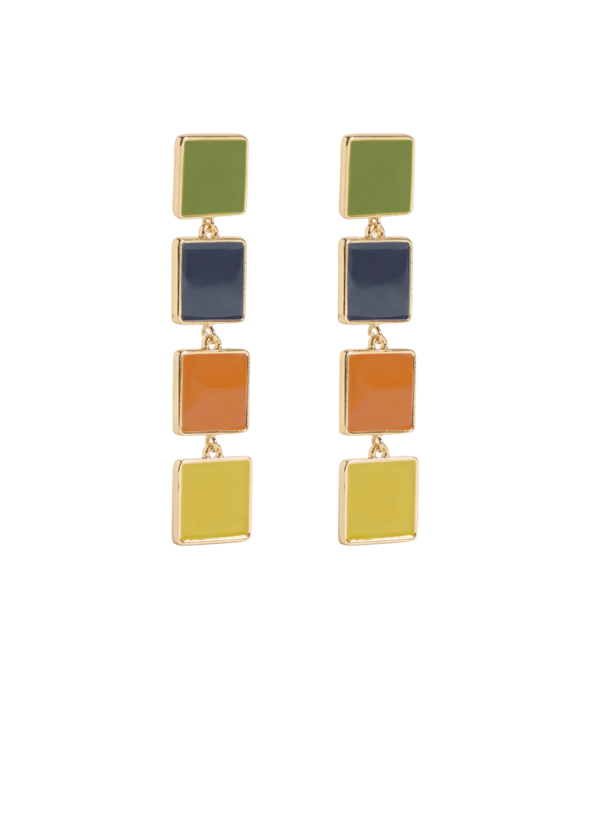 Multicolored square earrings on a white background