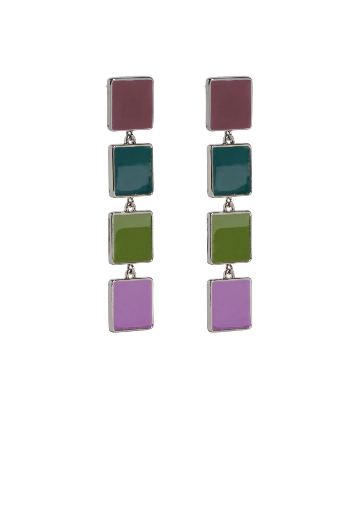 Multicolored square drop earrings on a white background