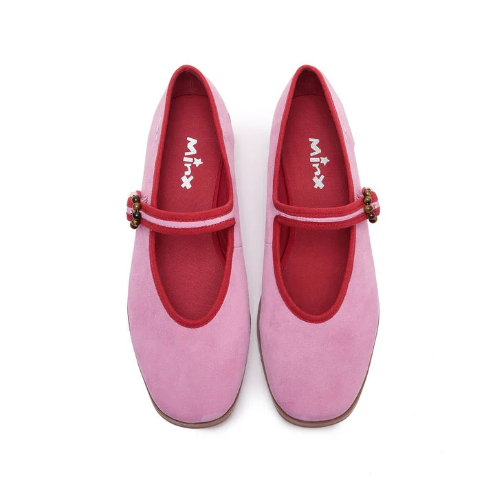 Minx Bellamy Mary Jane - Pink Suede Red Trim PRE ORDER