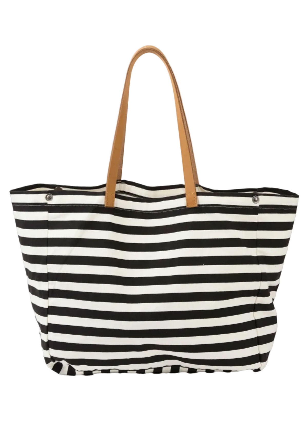 Black and white striped tote bag with brown handles on a white background