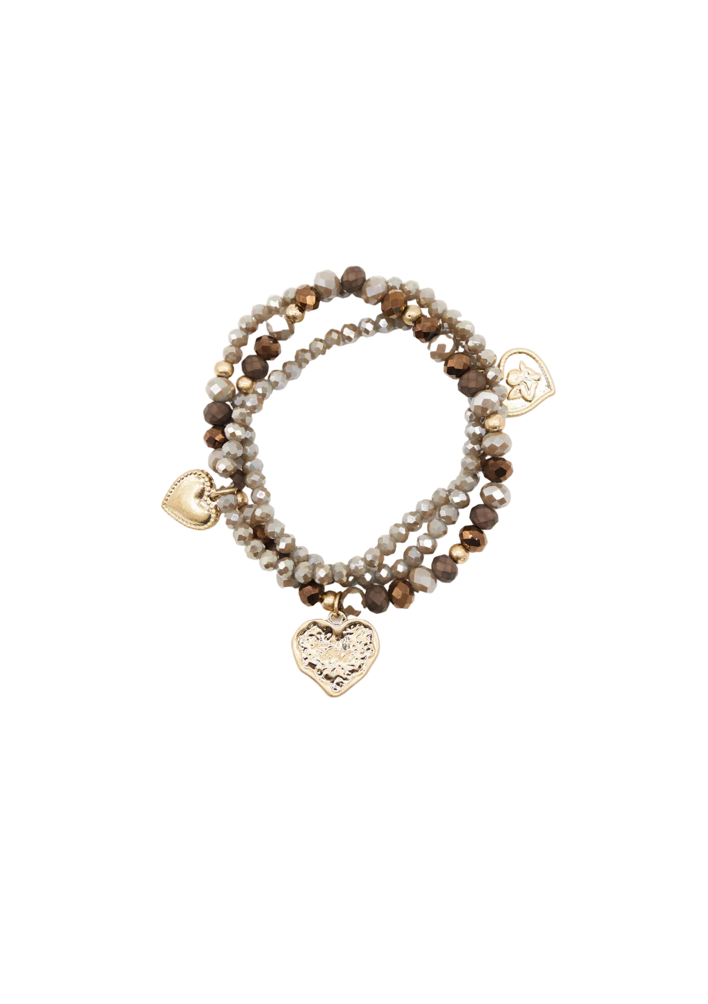 Stack of beaded bracelets with heart charms on a white background