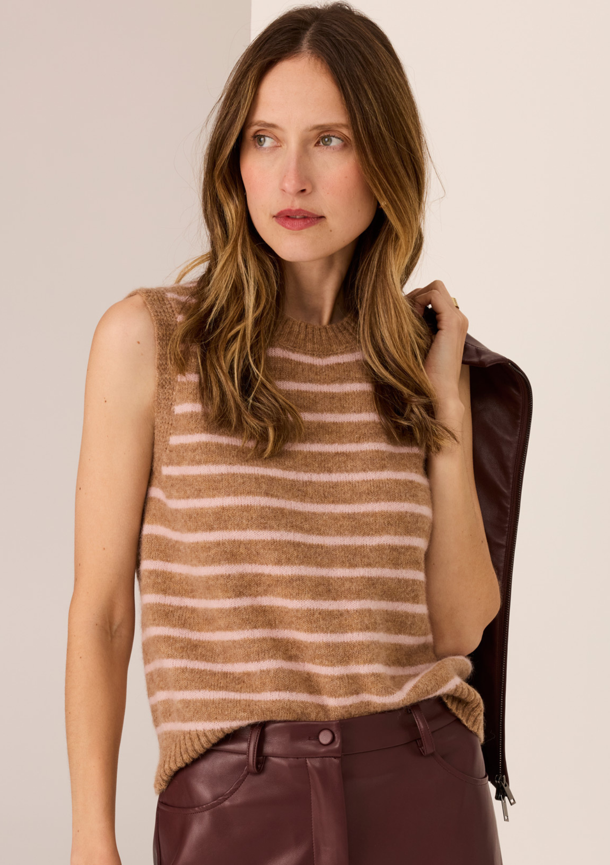 Pol Carmel Striped Vest - Camel / Blush
