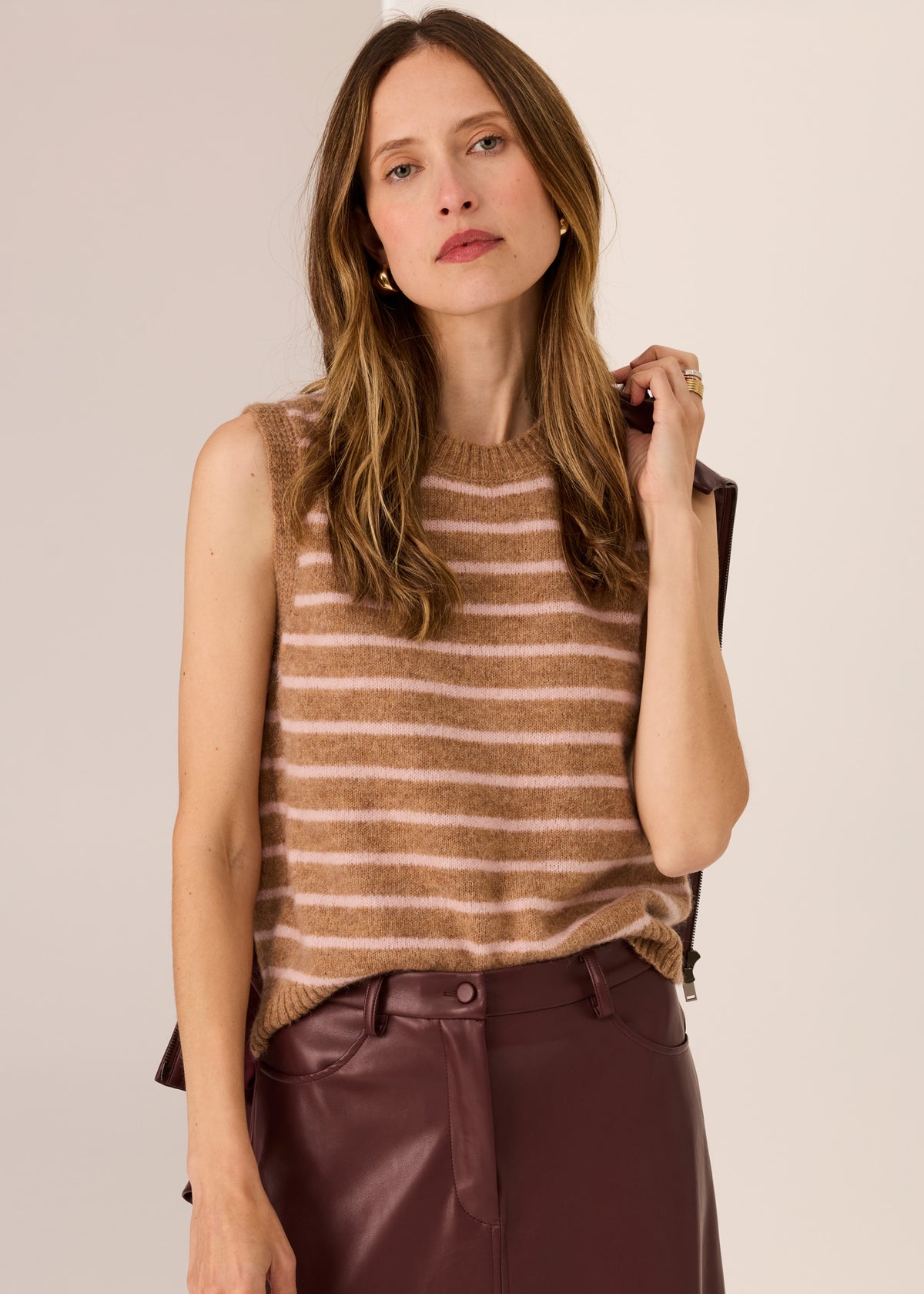 Pol Carmel Striped Vest - Camel / Blush