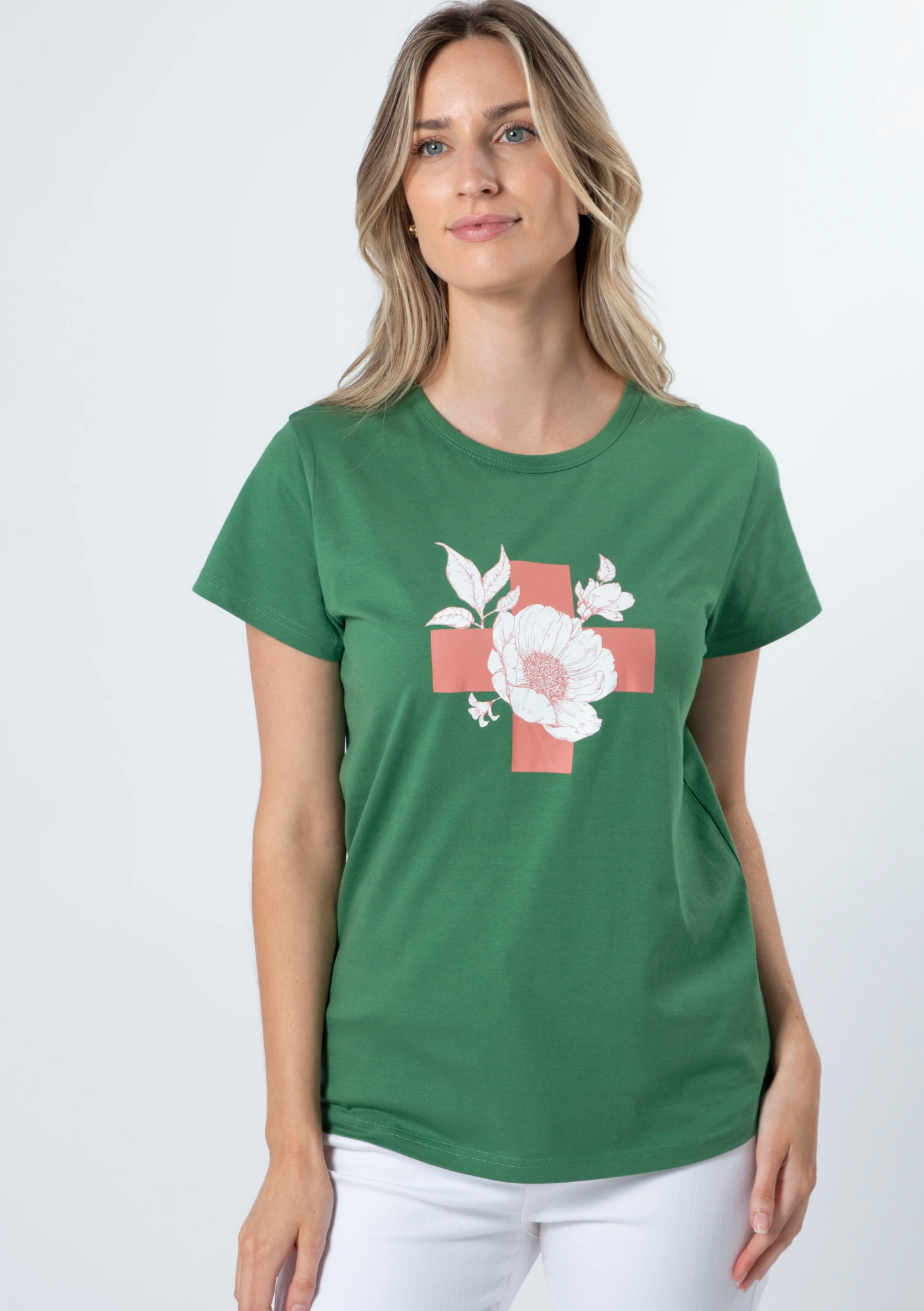 Crew Neck T Shirt - Vintage Green Floral with Cross