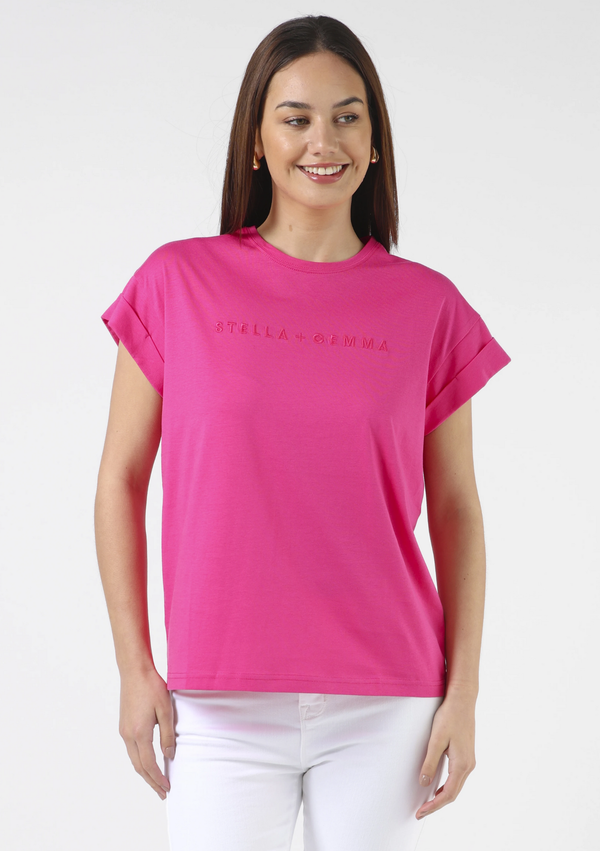 COMING SOON Cuff Sleeve Tee Shirt - Cerise Pink with Embroidered Logo