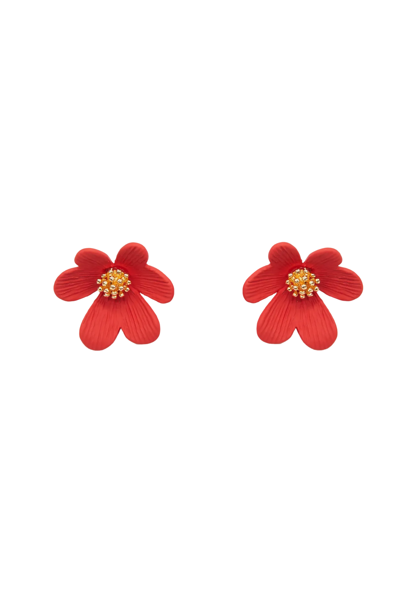 A pair of red flower petal earrings with a gold-colored center.
