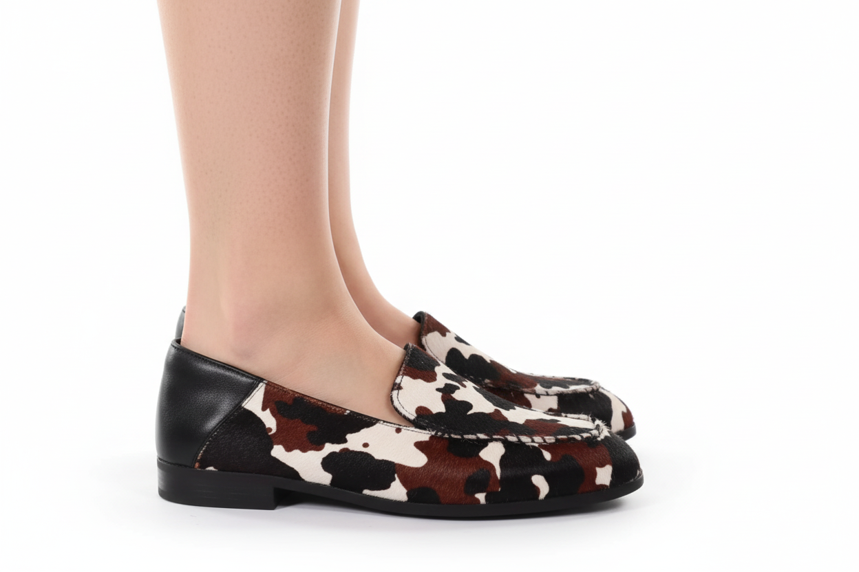 Loafer with black, brown, and white cowhide pattern on a white background