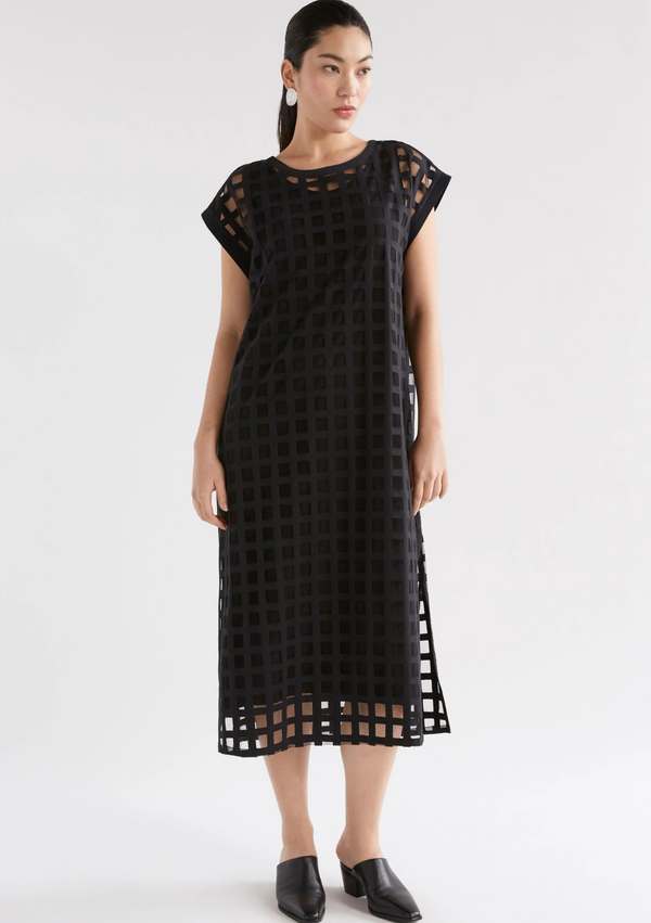 PRE ORDER Grid Burnout Midi Dress - Black