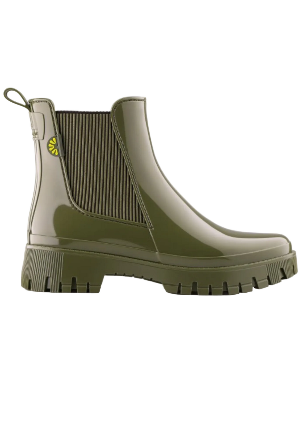 Green rain boot on a white background