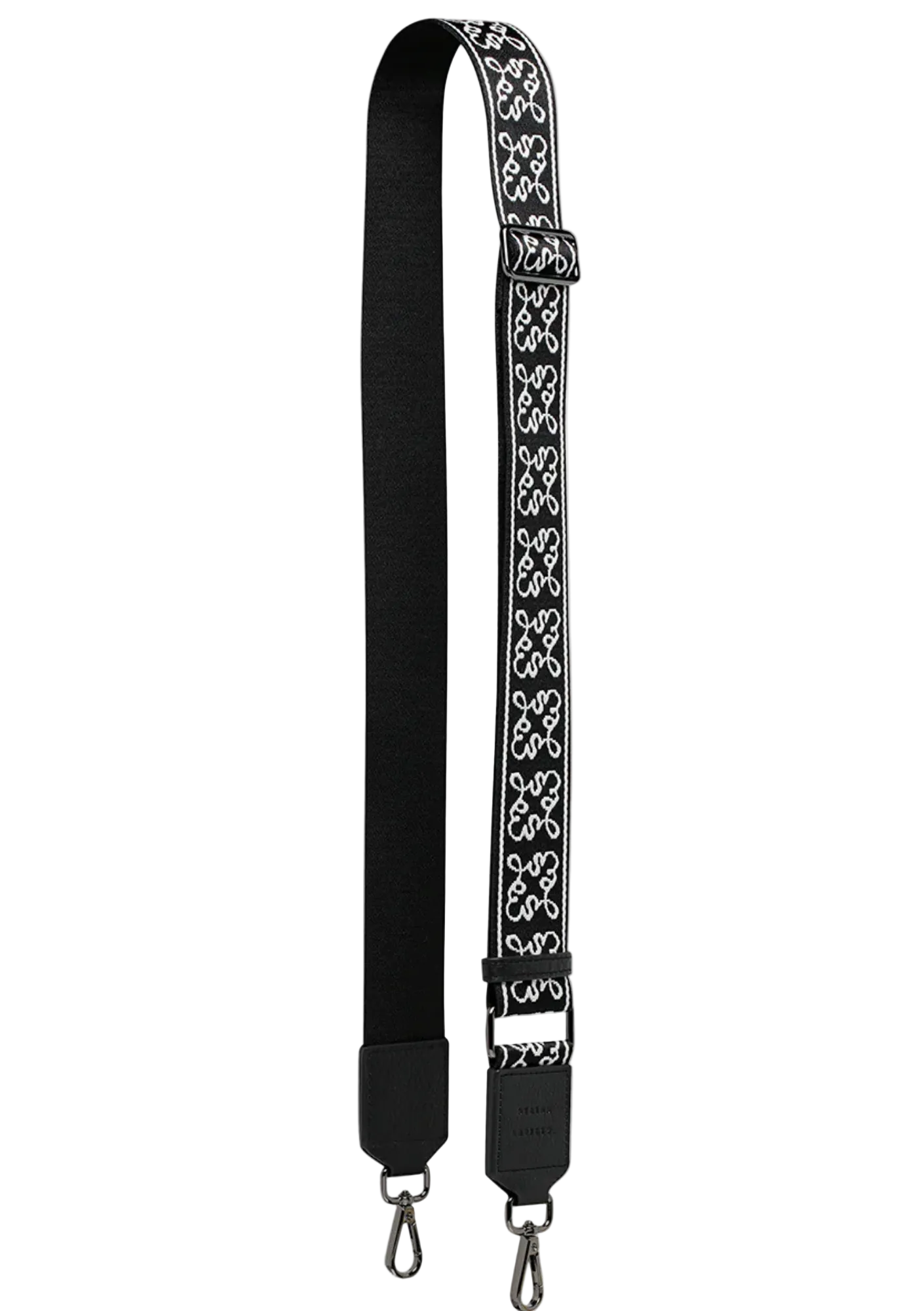 Black bag strap with white floral pattern on a white background