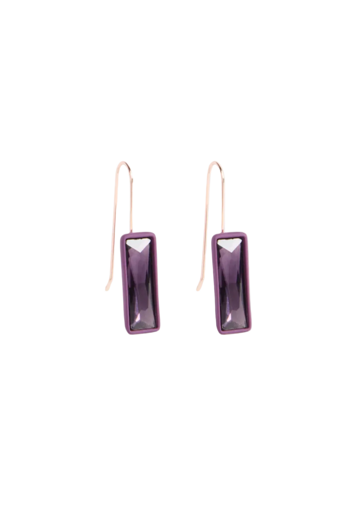 Pair of purple drop earrings on a white background