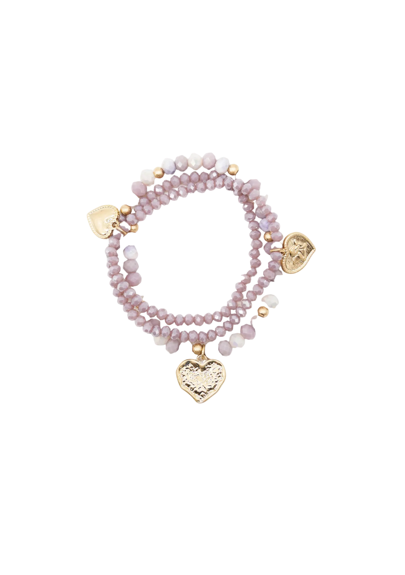Stack of pink beaded bracelets with gold heart charms on a white background