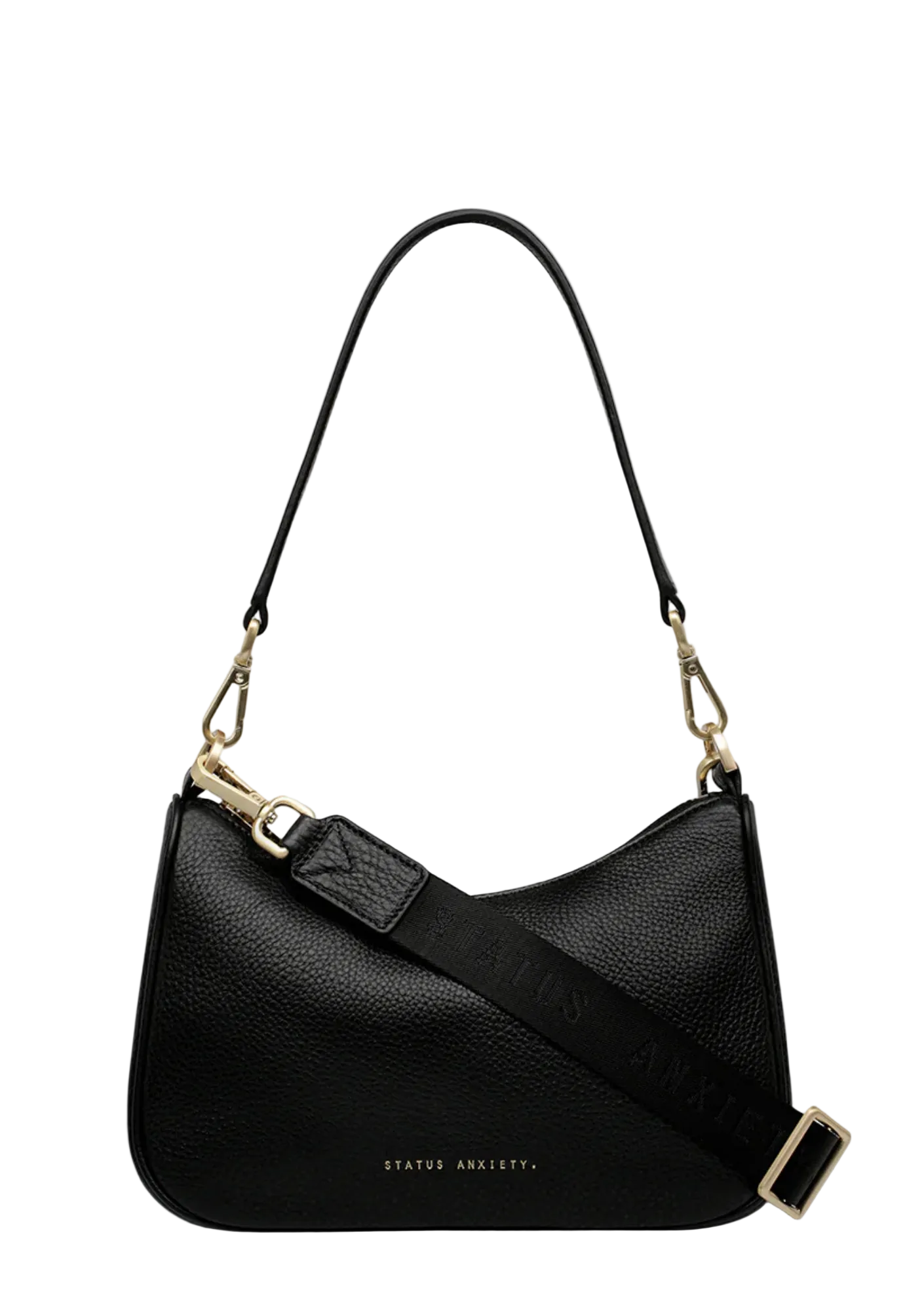 Black handbag with gold accents on a white background