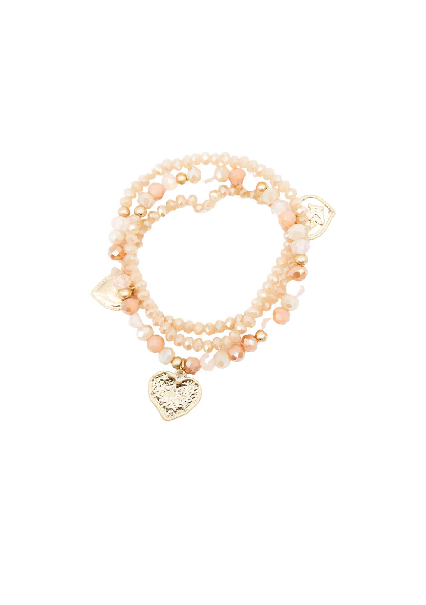 Stack of peach-colored beaded bracelets with heart charms on a white background