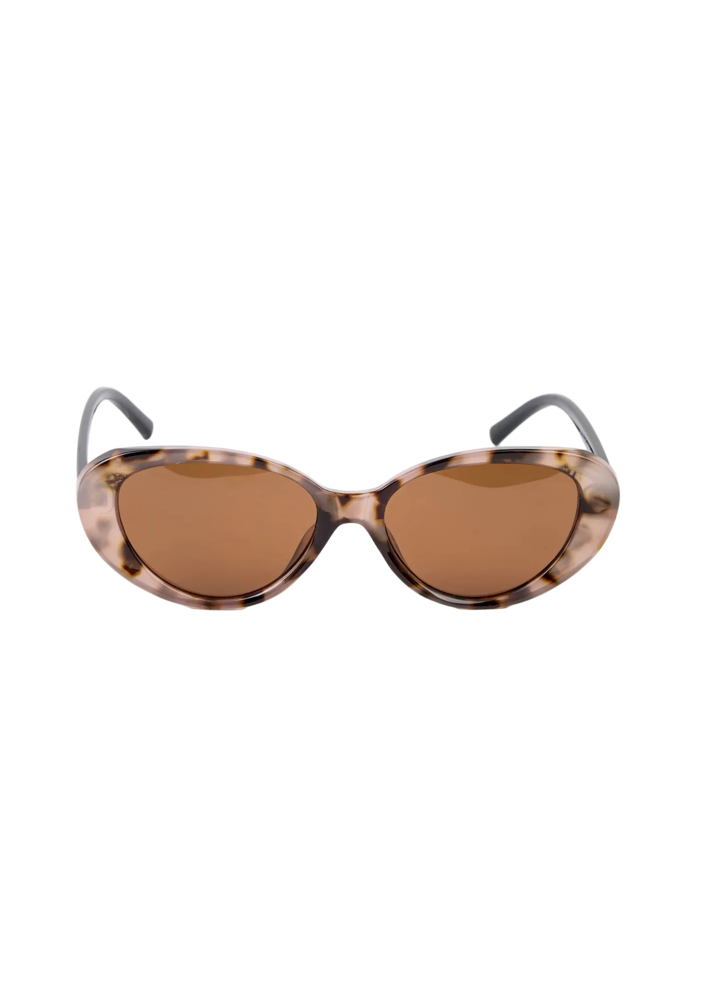 Sunglasses with tortoiseshell frame and brown lenses on a white background