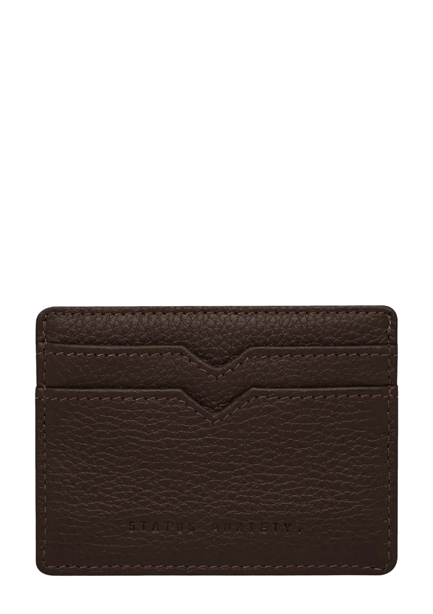 Brown leather cardholder with visible stitching on a white background