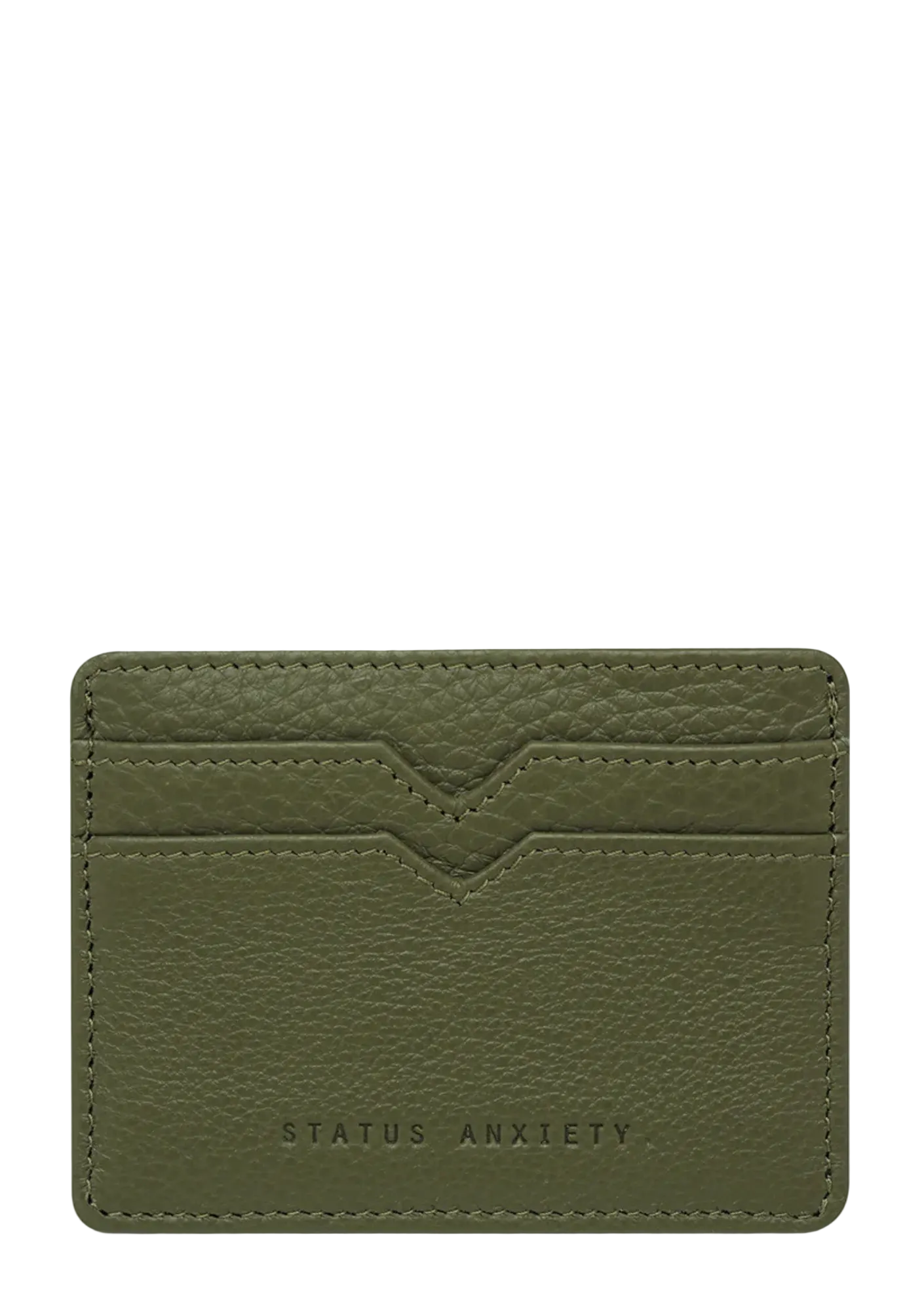 Green leather cardholder with 'Status Anxiety' branding on a white background