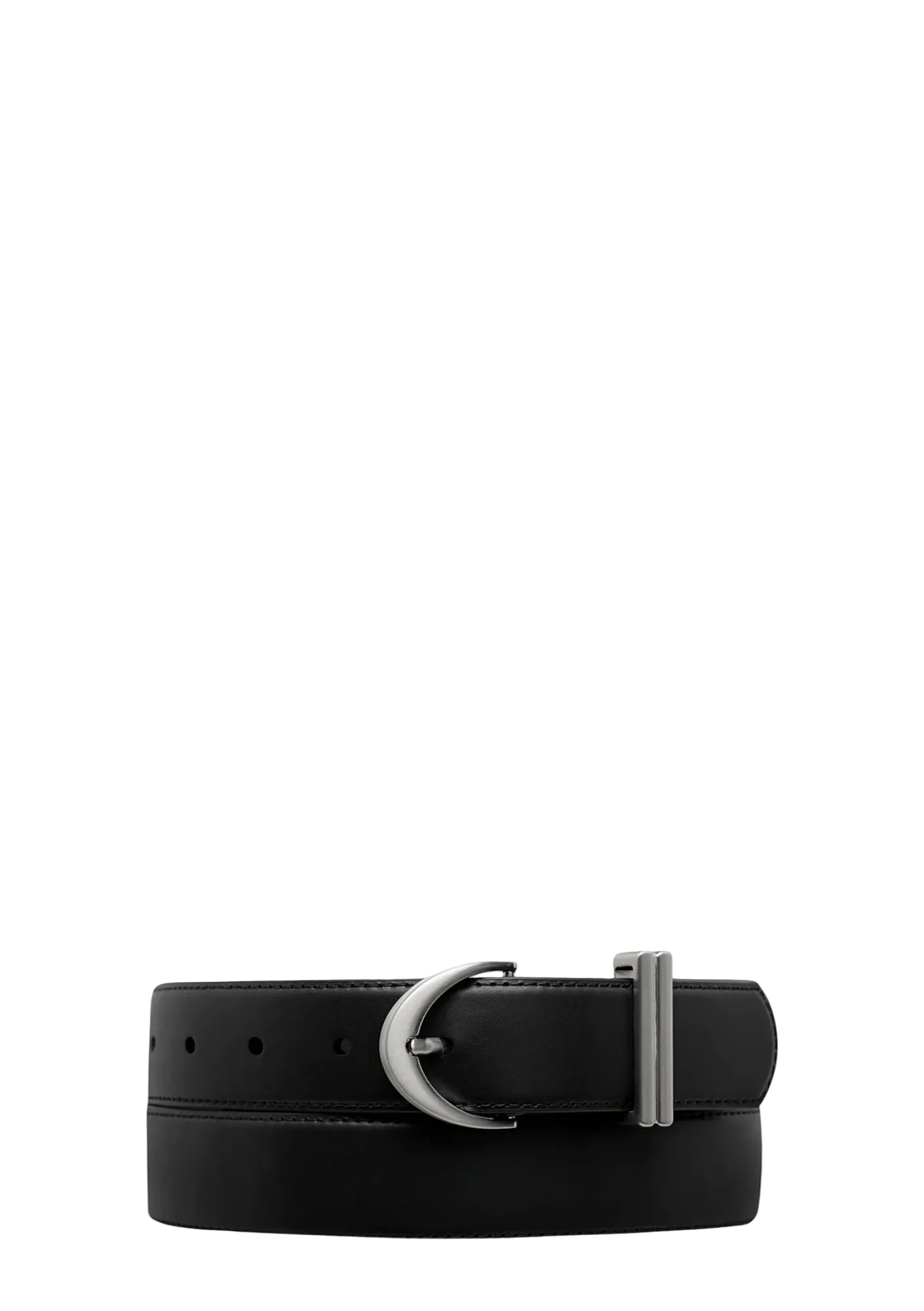 Black leather belt with a silver buckle on a white background