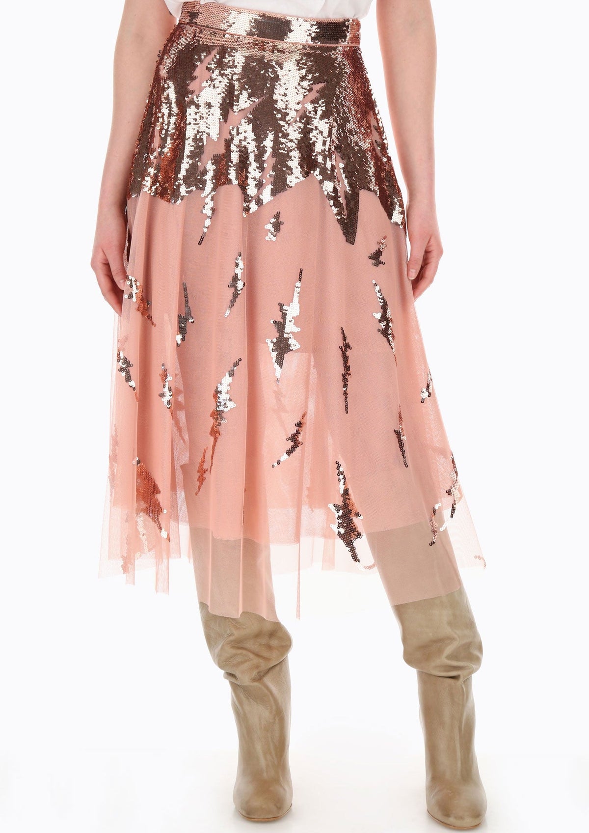 Dixie CLEARANCE Lightning Bolt Sequinned Sheer Midi Skirt - Nude