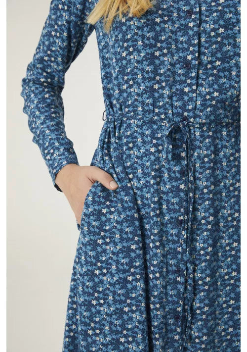Compania Fantastica CLEARANCE Midi Shirt Dress with Belt - Blue Ditsy Floral Print