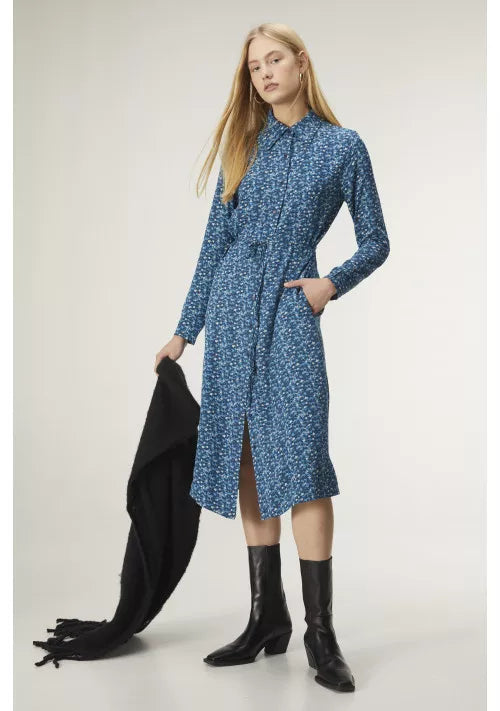 Compania Fantastica CLEARANCE Midi Shirt Dress with Belt - Blue Ditsy Floral Print