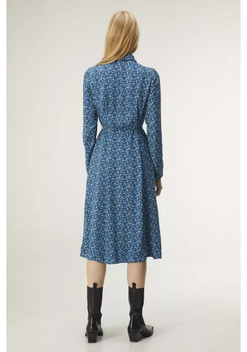 Compania Fantastica CLEARANCE Midi Shirt Dress with Belt - Blue Ditsy Floral Print