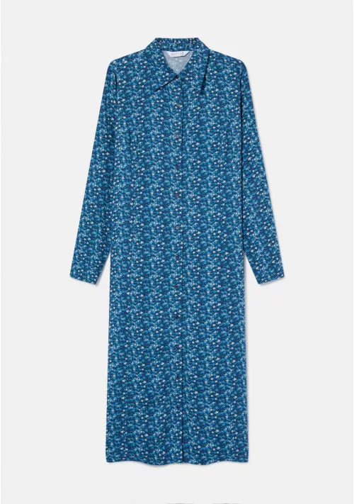 Compania Fantastica CLEARANCE Midi Shirt Dress with Belt - Blue Ditsy Floral Print