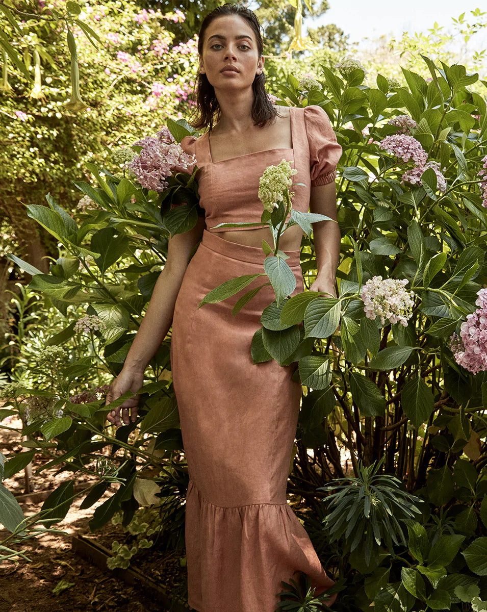 We Are Kindred CLEARANCE Lucia Midi Skirt with Ruffle Hem - Terracotta